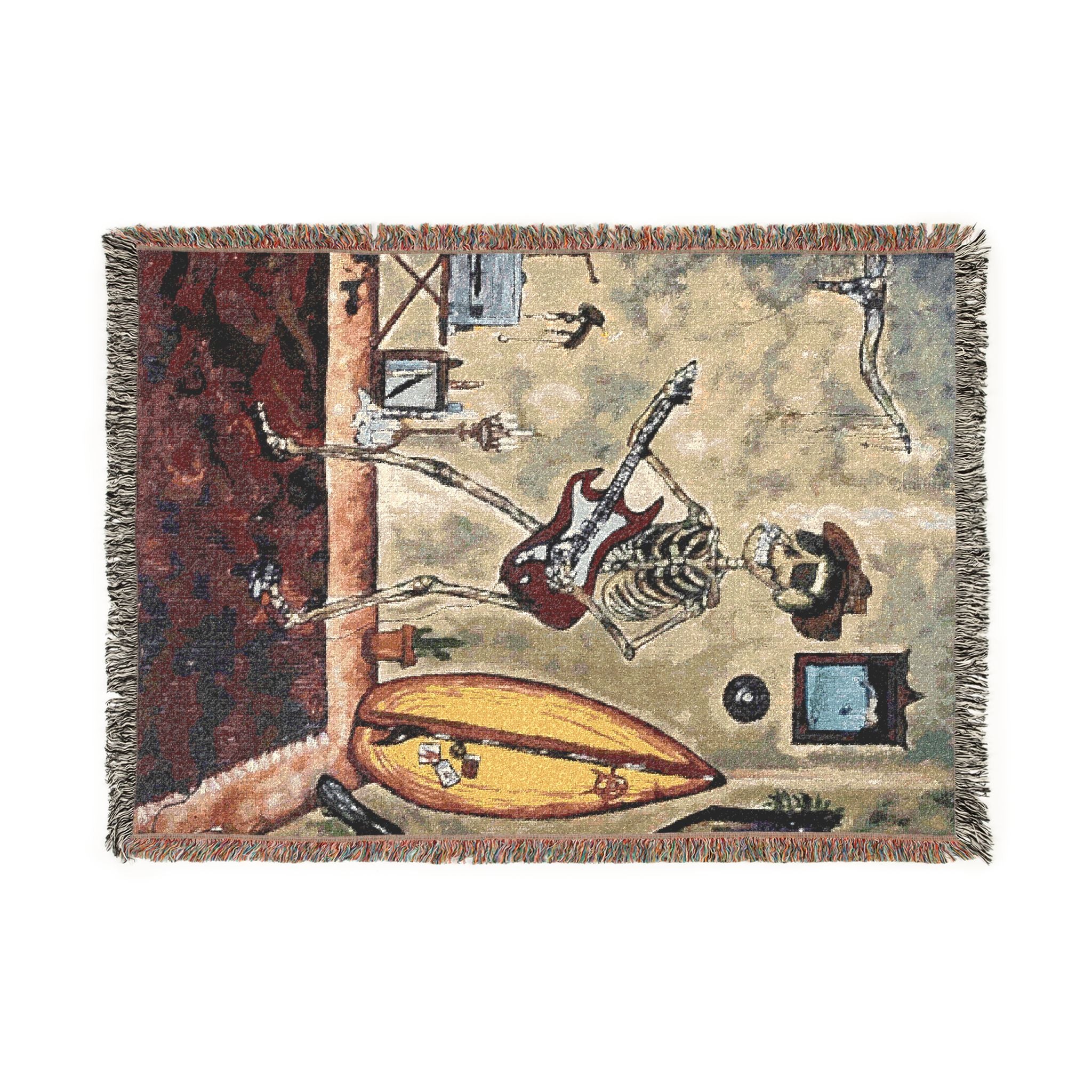Surf & Strings Woven Blanket — Vintage Beach Guitar Tapestry Throw