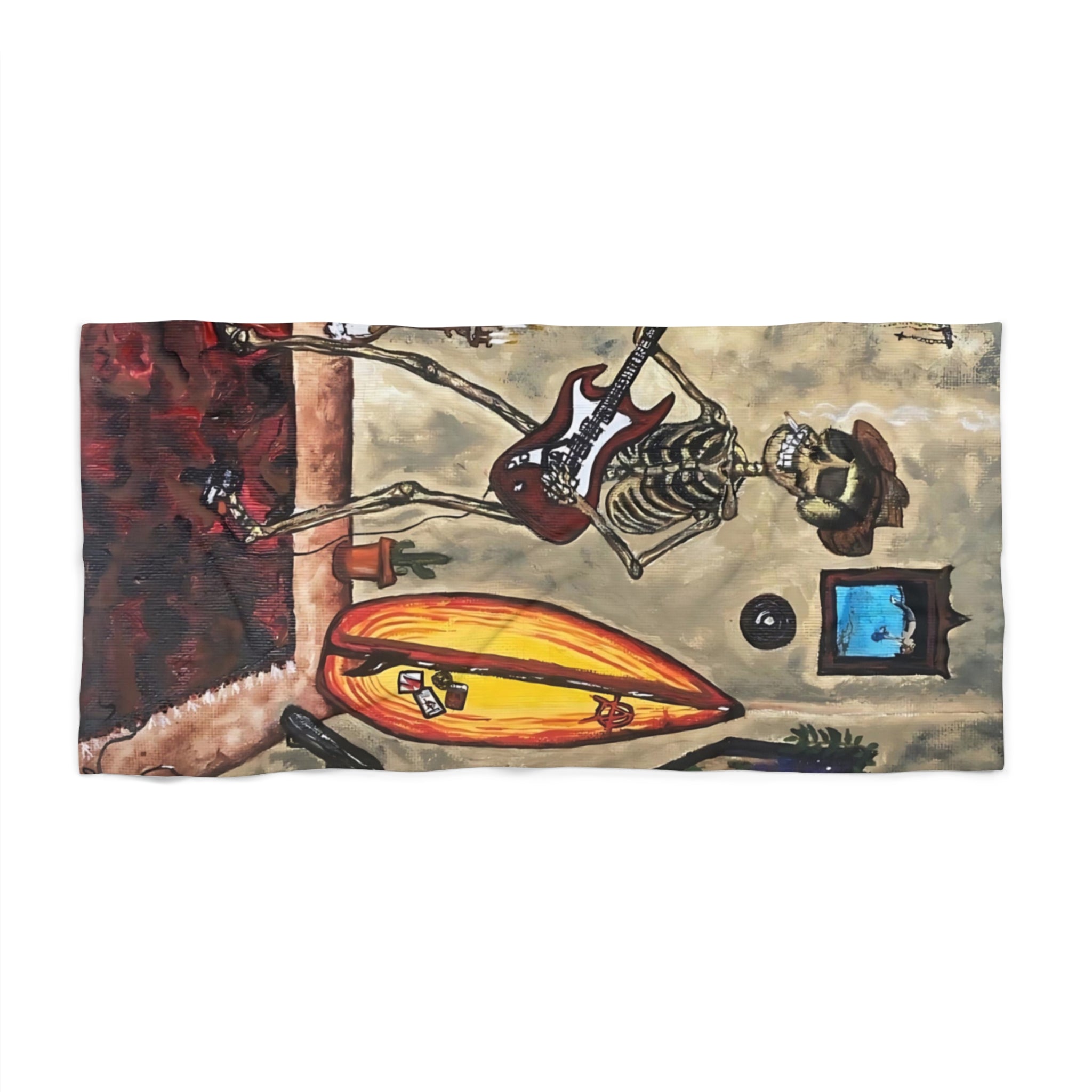 Skeleton Surfer Beach Towel — Retro Surfboard & Guitar Coastal Art