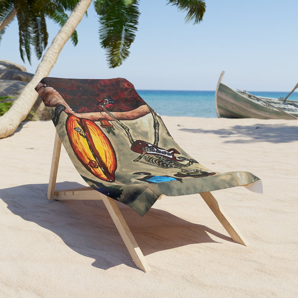 Skeleton Surfer Beach Towel — Retro Surfboard & Guitar Coastal Art