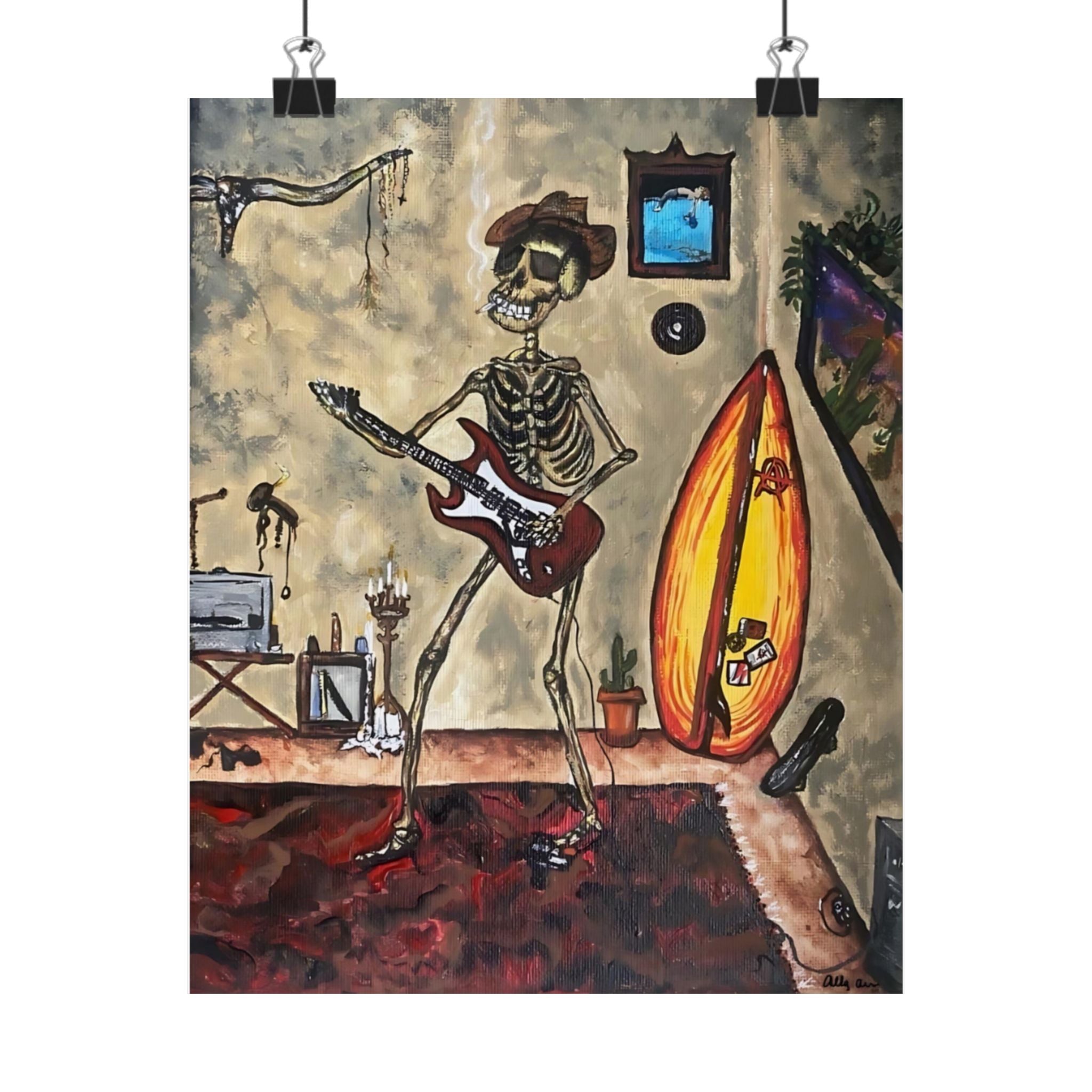 Skeleton guitar art Matte Vertical Posters